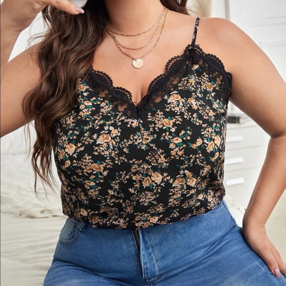 Allover Floral Print Contrast Lace Cami - Picture 6 of 12